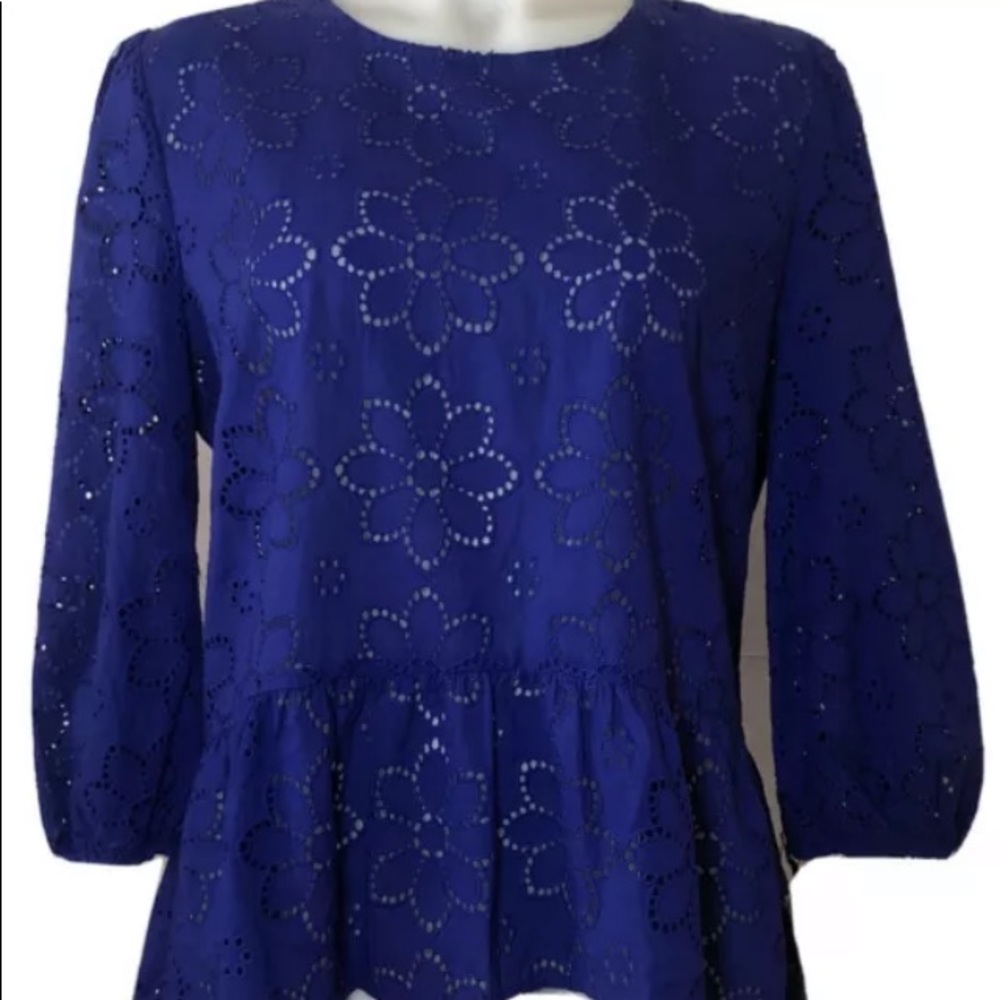 HALOGEN Womens Med Blue 3/4 Sleeve Eyelet Top